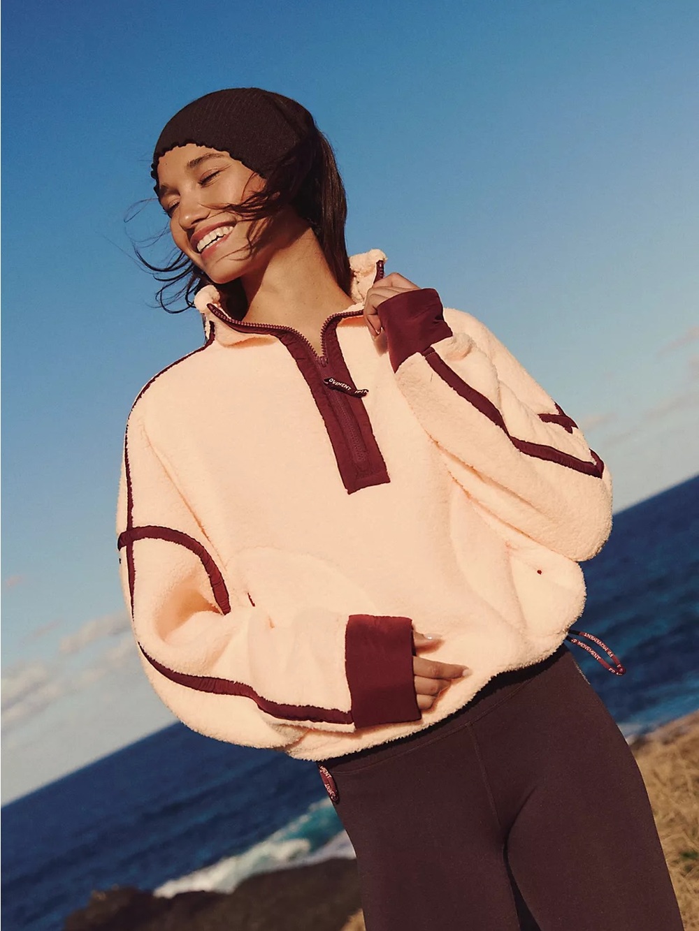 Free People Mountain High Half-Zip Fleece Pina Colada W/ Red Velvet Small NWT